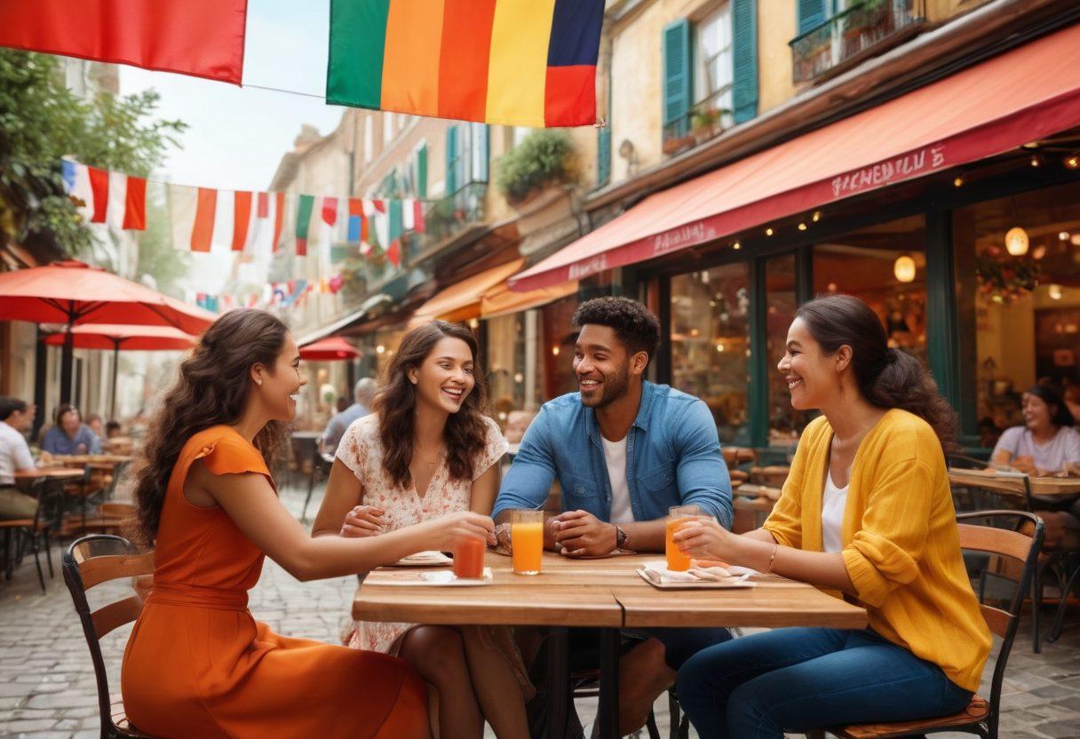A vibrant, heartwarming scene depicting a diverse group of four individuals engaged in a lively outdoor café setting, showcasing casual romance through subtle gestures like laughter, hand-holding, and sharing moments. The background features a mix of cultural elements such as flags, food, and architecture, symbolizing multicultural relationships. Warm warm tones to enhance a feeling of connection and love. super-realistic. vibrant colors.