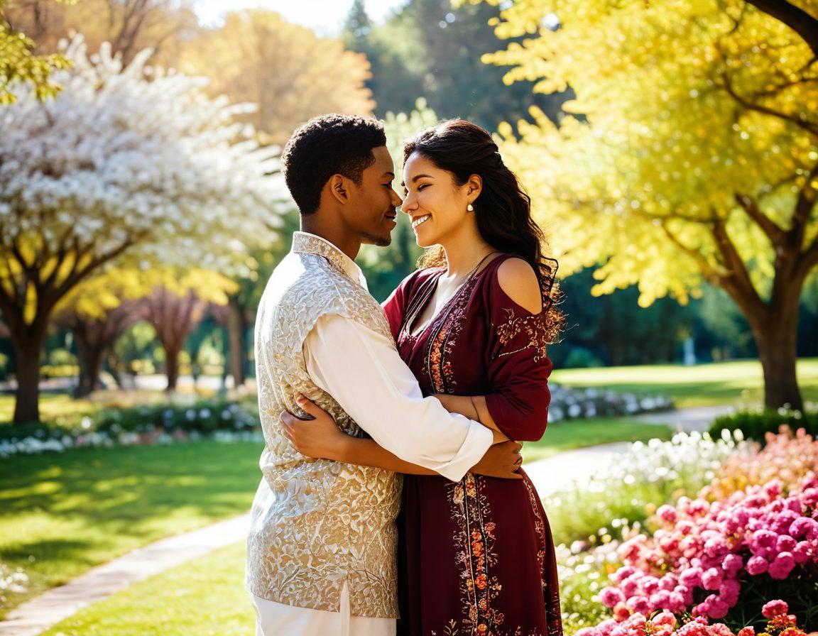 A warm and inviting scene featuring a diverse couple embracing in a sunlit park, surrounded by blooming flowers that symbolize various cultures. Include subtle elements representing different ethnic backgrounds, like traditional clothing or symbolic artifacts in the background. The atmosphere should evoke feelings of love and unity. soft focus. vibrant colors. natural light.