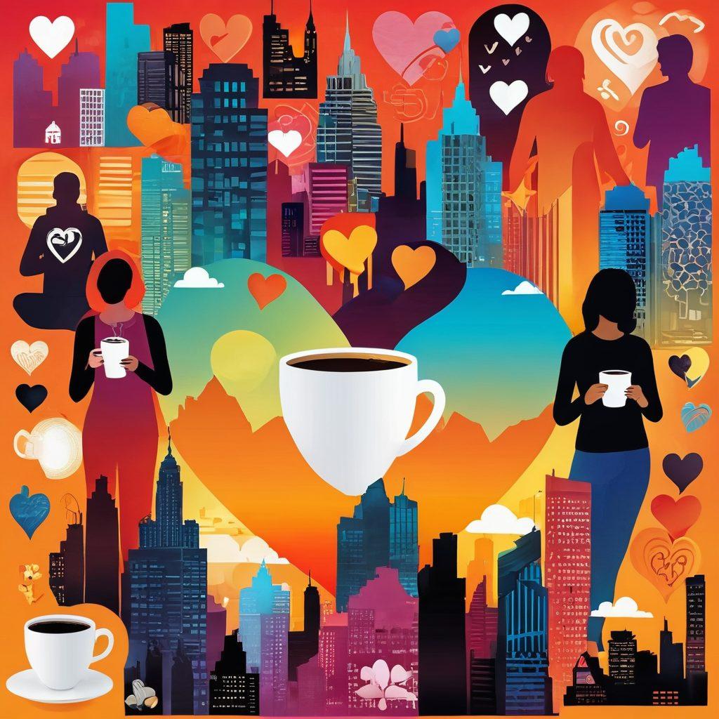 A vibrant collage depicting a journey from a timid individual to a confident enthusiast, intertwined with symbols of casual encounters like a coffee cup, heart icons, and social gatherings. The background should illustrate a dynamic cityscape representing diverse experiences and connections, with a gradient of warm colors shifting to cooler tones, signifying growth and exploration. The figures should be diverse and relatable, showcasing different personalities. 3D style. vibrant colors.